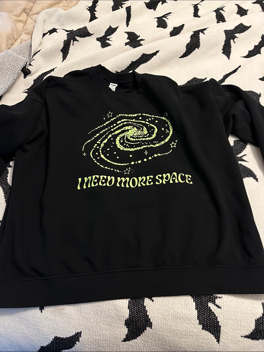 Black Crewneck Sweatshirt with Neon Green Galaxy Print - I Need More Space